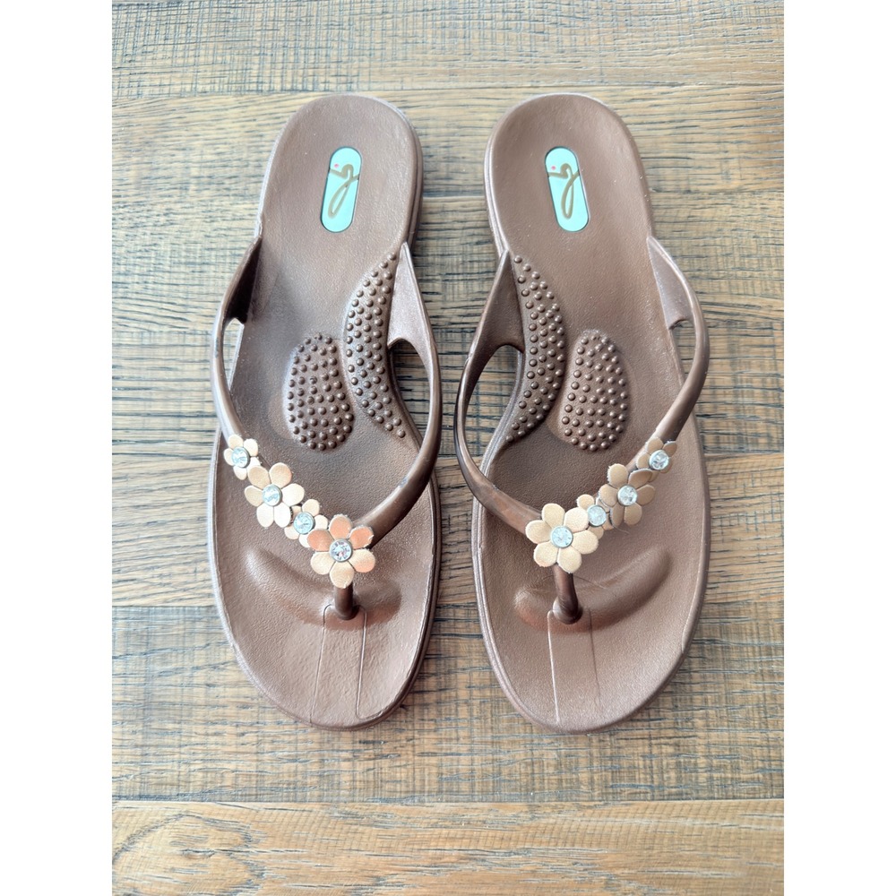 Oka-B Women Brown Floral Rhinestone Thong Sandals Flip Flops Size M/L 8-9 USA